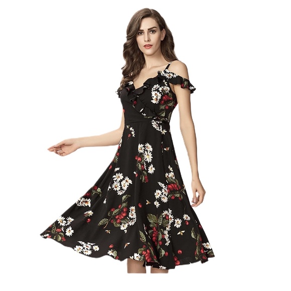 BLACK FLORAL CHIFFON MIDI DRESS - Picture 3 of 8